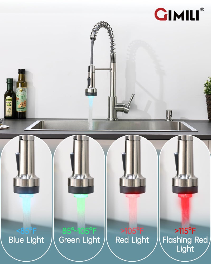 GIMILI LED Kitchen Faucet with Soap Dispenser, Modern Single Handle Spring Kitchen Sink Faucets with Pull Down Sprayer - Image 3